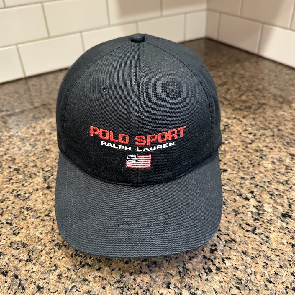 Vintage 90s Polo Sport Ralph Lauren Hat Black USA Flag Strap back Brass Buckle